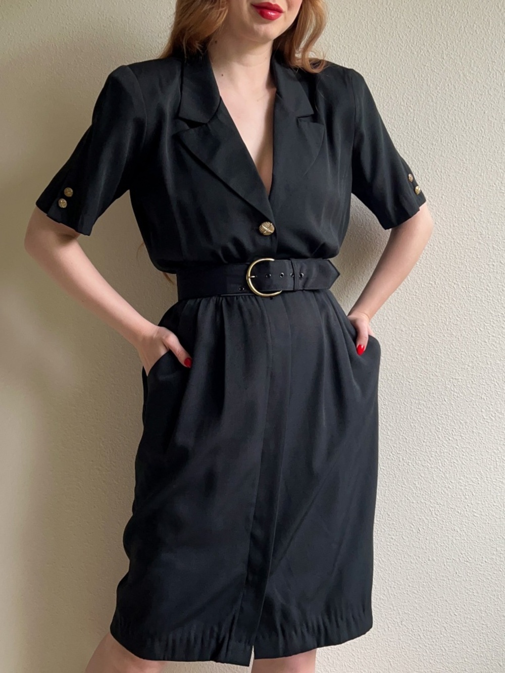 Vintage 1980s Black Belted Dress With Gold Buttons (M)